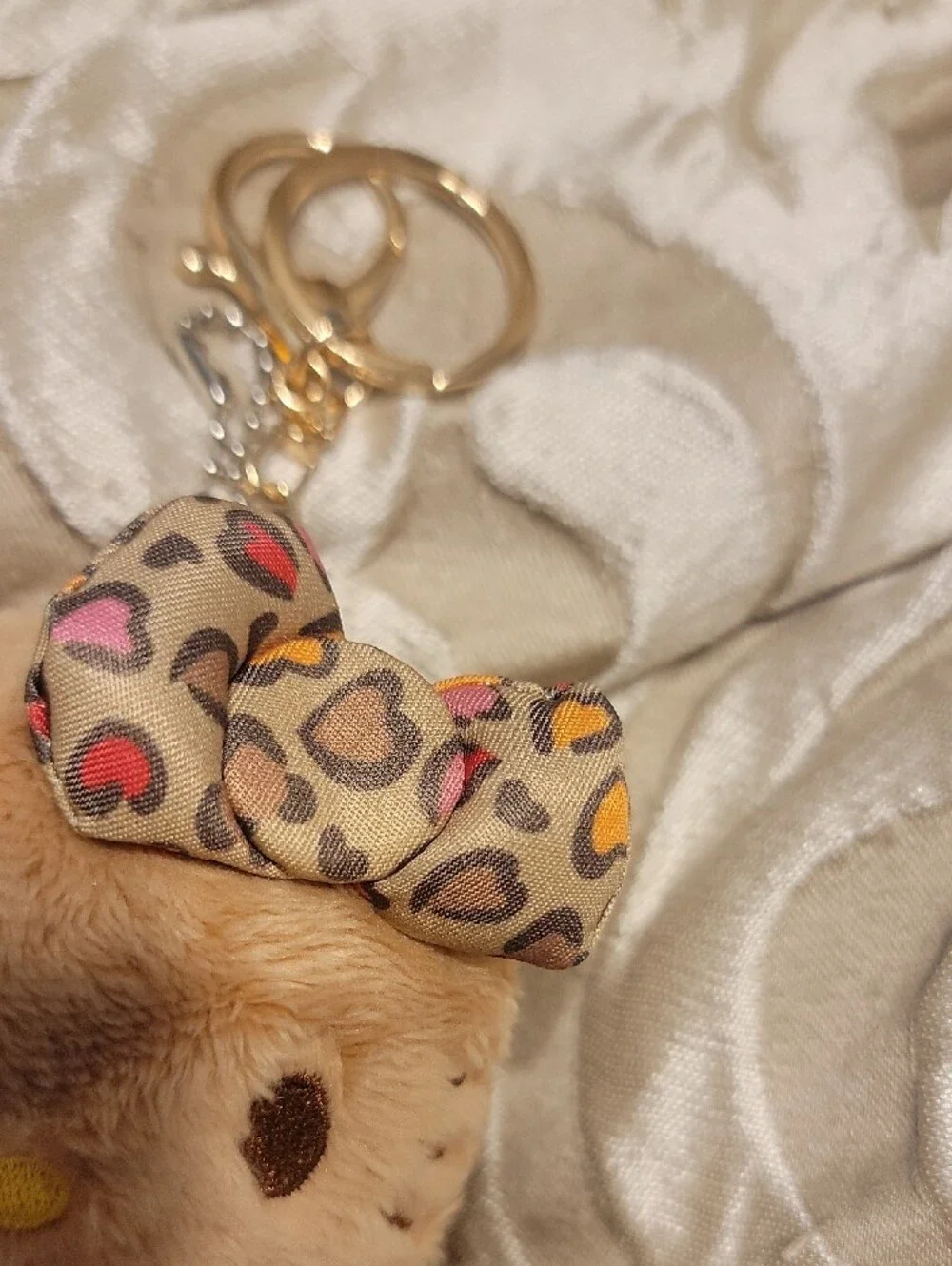 Plush Beige Kitty Keychain with Heart-Print Bow